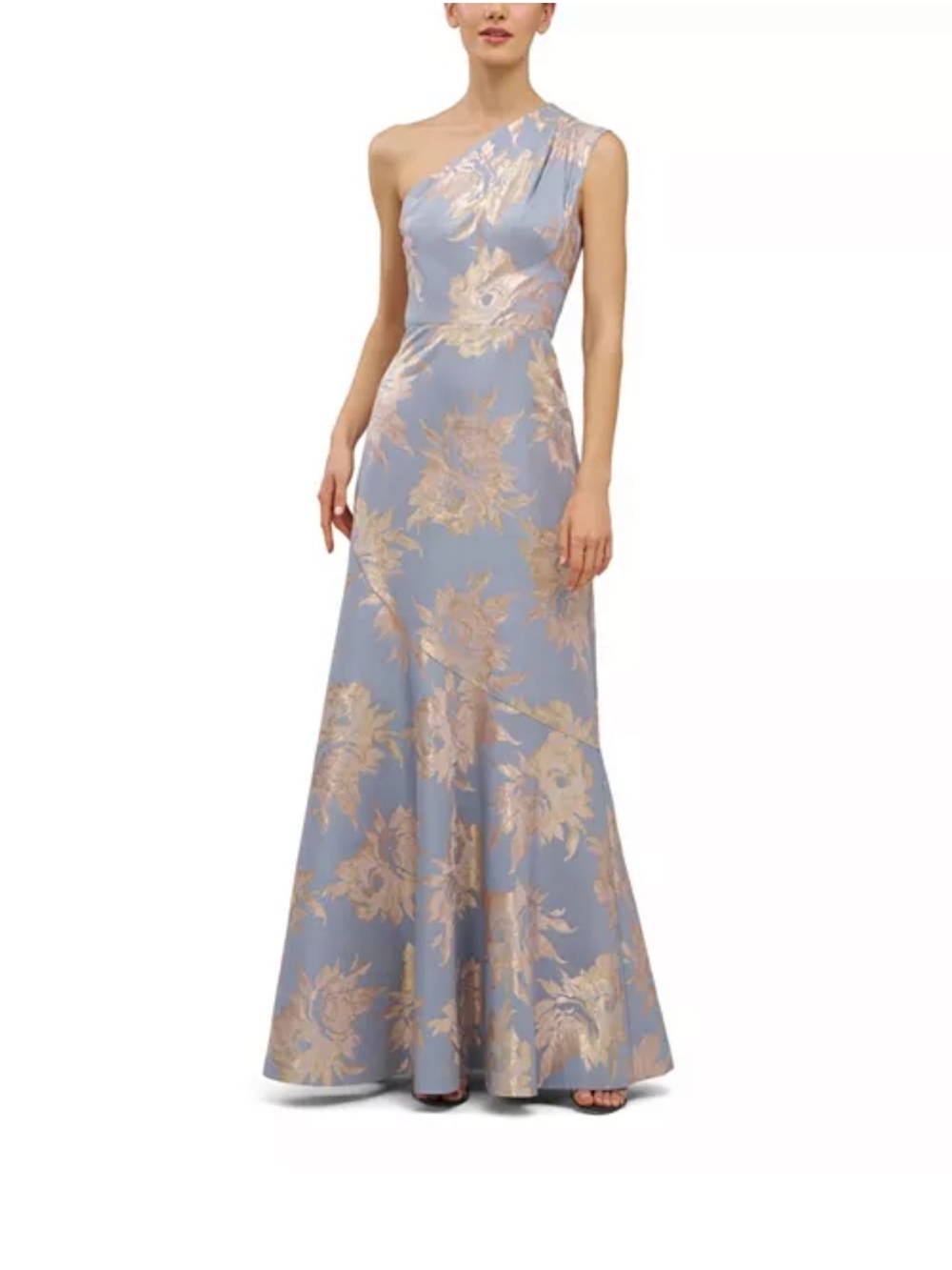 Kay Unger One-Shoulder Pale Blue and Gold Floral Gown - Picture 1 of 5